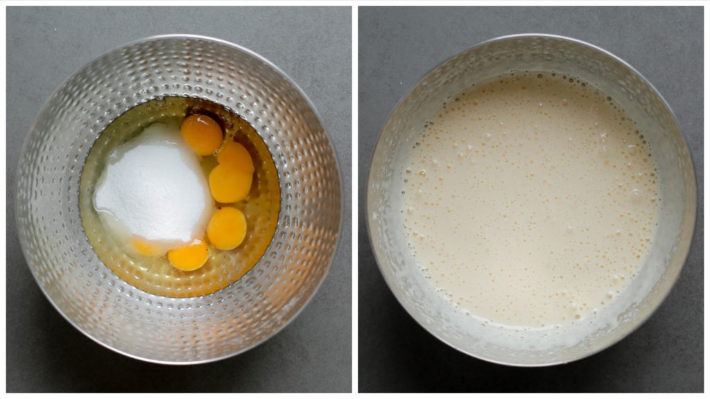 Breek de eieren boven een kom. Voeg de suiker, vanillesuiker en het zout toe. Klop in ca. 7-10 minuten op de hoogste stand tot een luchtige massa.
