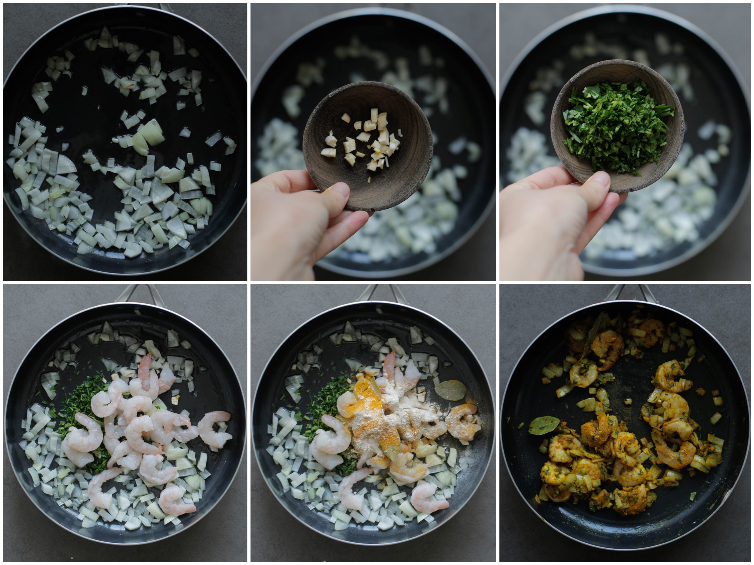 Garnalen bakken met groenten en kruiden in een koekenpan