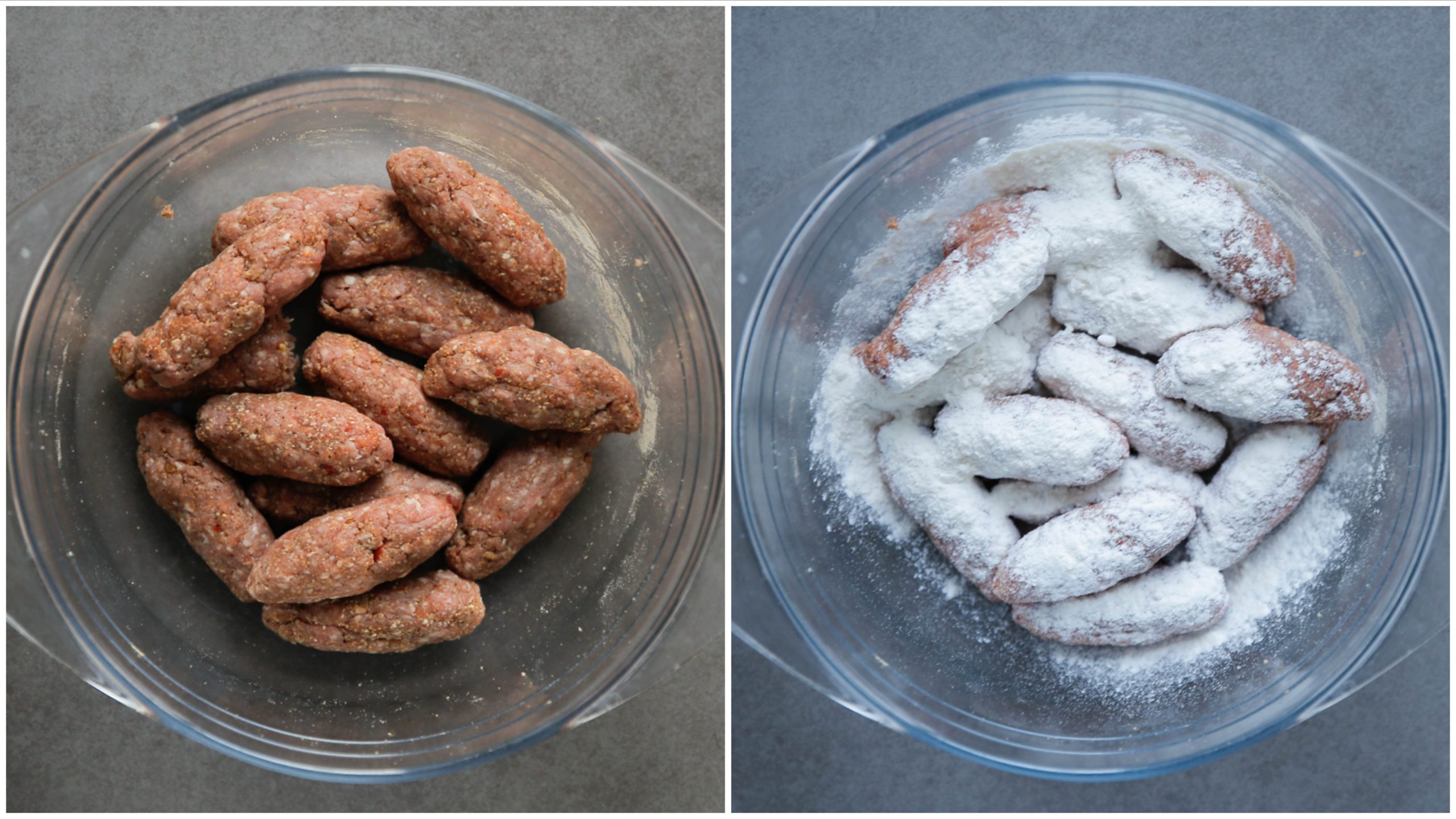 Gehaktstaven door de bloem halen