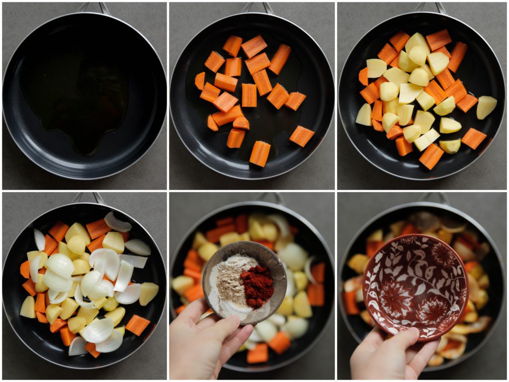 Verhit de olijfolie in een koekenpan op middelhoog vuur. Voeg de wortel, aardappels, gele ui, zwarte peper, het zout, de knoflookpoeder en paprikapoeder toe. Bak een minuut. Voeg het water toe en breng aan de kook. Zet het vuur laag en kook, afgedekt, 10 minuten.