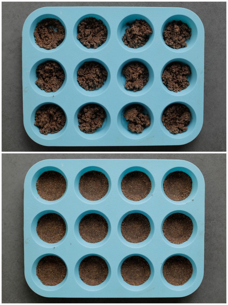 Neem een muffin-siliconenvorm. Vul elk gat met een laagje koekjesdeeg (15 gram per stuk). Druk het stevig aan met een glas. Leg het even weg in de vriezer of koelkast.