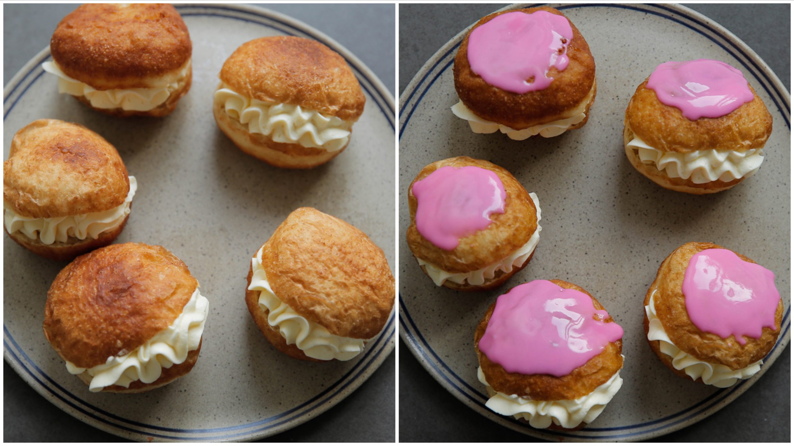Oliebollen vullen met room en garneren met roze topping