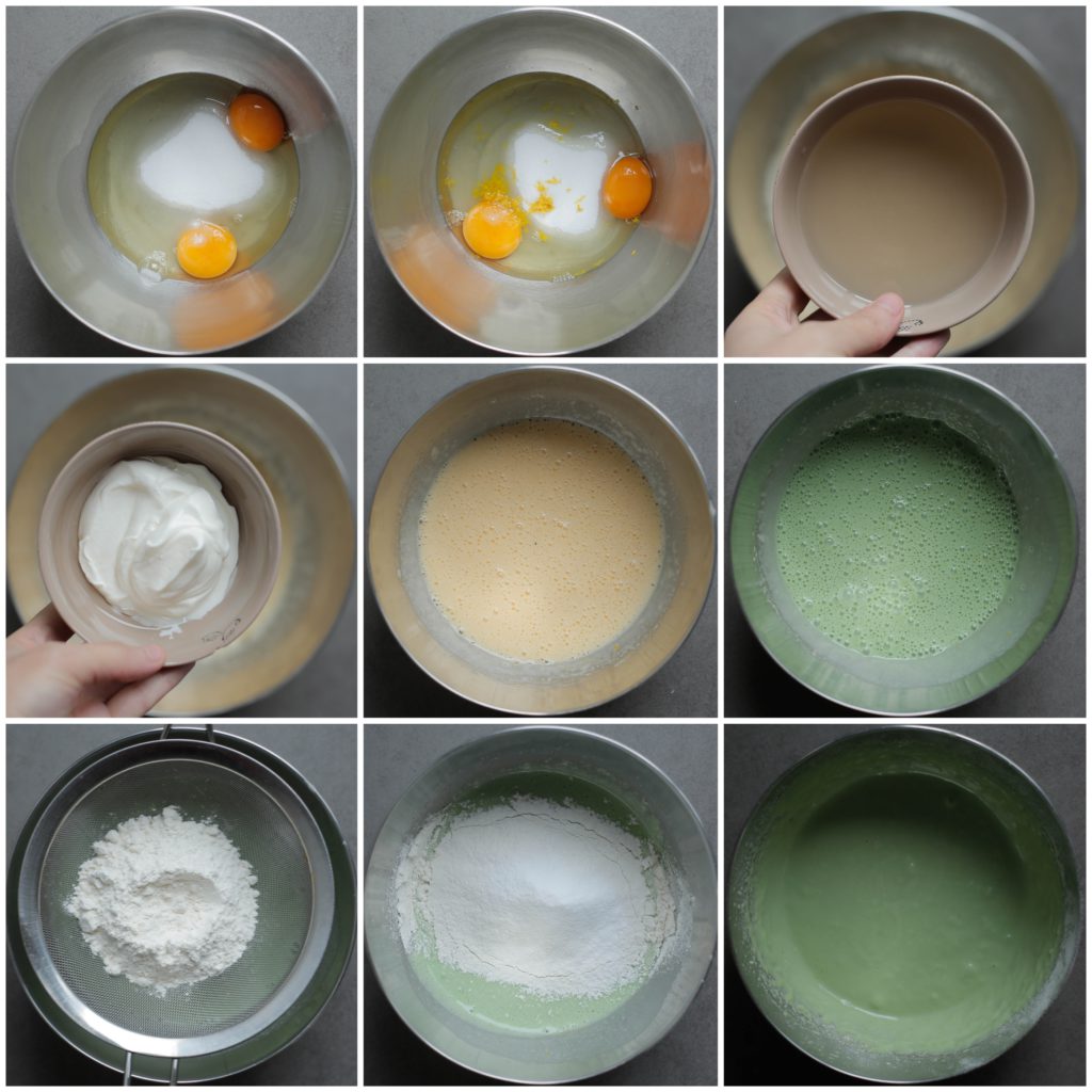Doe de eieren samen met het eigeel, de suiker en vanillesuiker in een kom. Mix 2 minuten. Voeg de zonnebloemolie toe en mix een 30 seconden. Voeg de yoghurt toe en mix een minuut. Zeef de bloem en bakpoeder boven de kom. Je kunt ook een beetje groene kleurstof gel toevoegen voor de groene kleur. Zelf heb ik een mespuntje toegevoegd. Er hoeft heel weinig in!