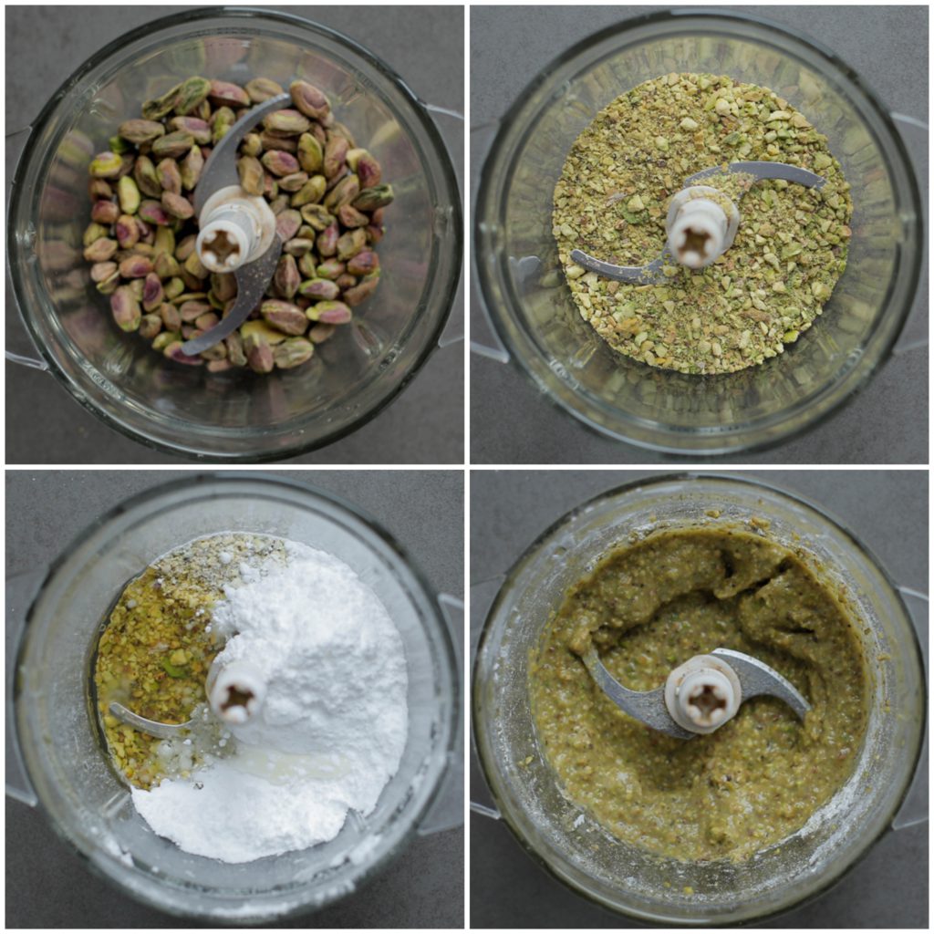 Doe de pistachenoten, poedersuiker en het eiwit in een hakmolen. Mix tot een gladde massa.