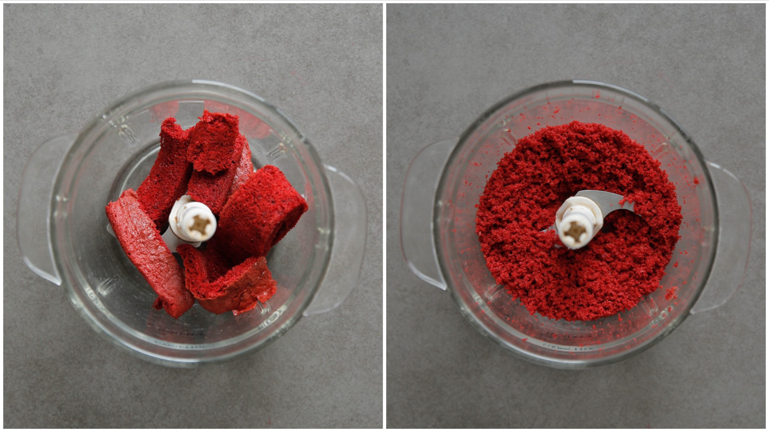 Red velvet kruimels maken in een hakmolen