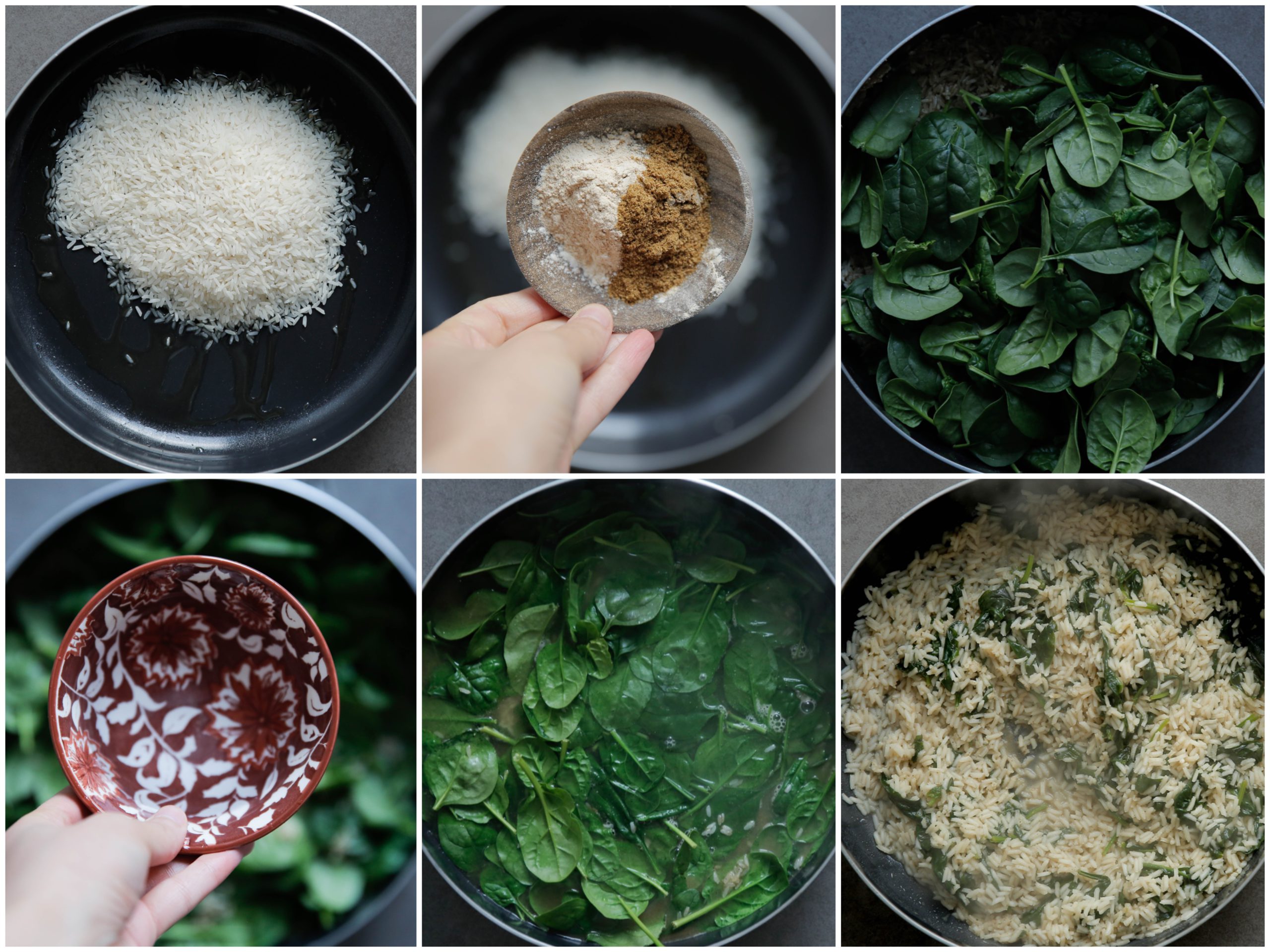 Rijst voorkoken met spinazie in een koekenpan