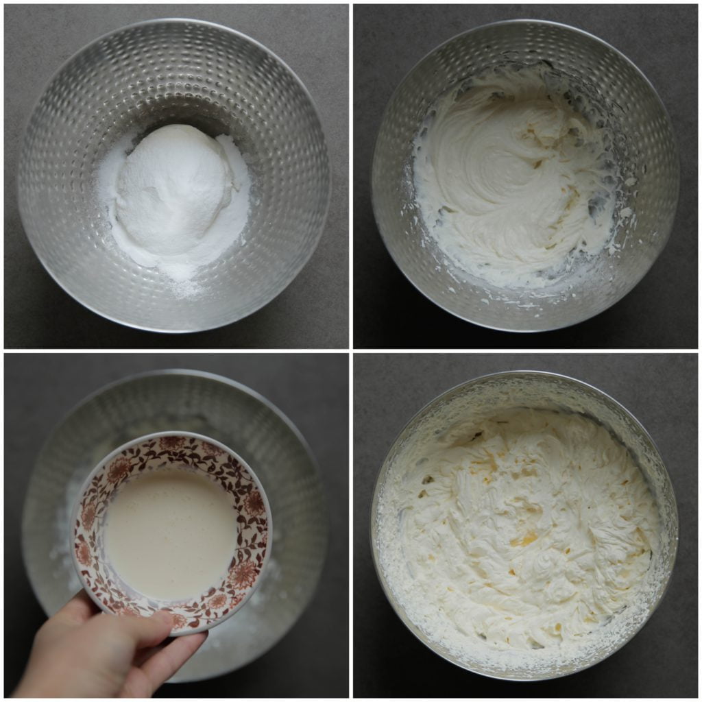 Doe de mascarpone in een diepe kom samen met de suiker, vanillesuiker en klopfix. Mix voor een minuut. Voeg en mix de ongeklopte slagroom een beetje bij beetje toe totdat het goed stijf is.