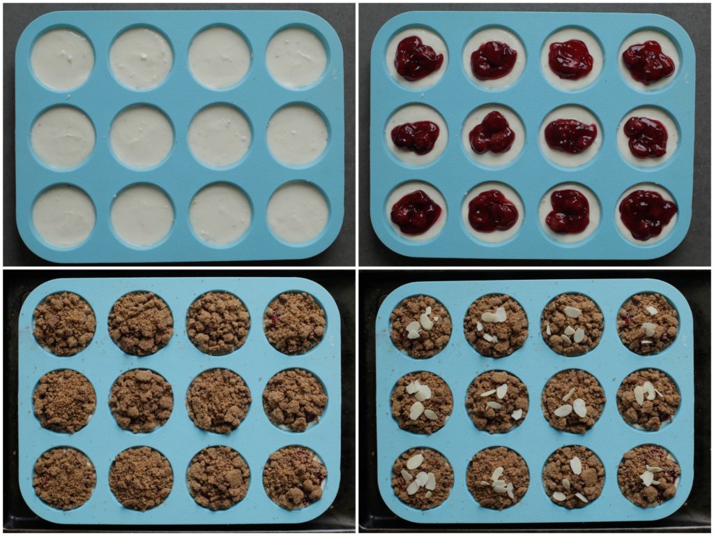 Vul de muffin-siliconenvorm met het cheesecake beslag (35-40 gram per stuk). Schep wat van het kersenvlaai erop (15-20 gr), gevolgd door de speculaaskruimels.