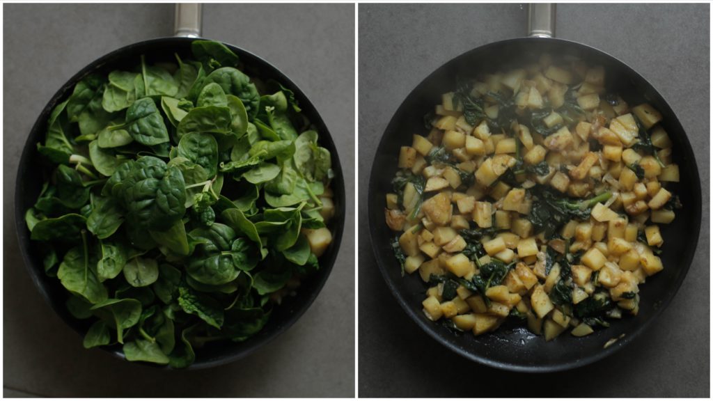 Voeg de spinazie toe. Kook, afgedekt, 10 minuten of tot de aardappels zacht zijn. Roer tussendoor.