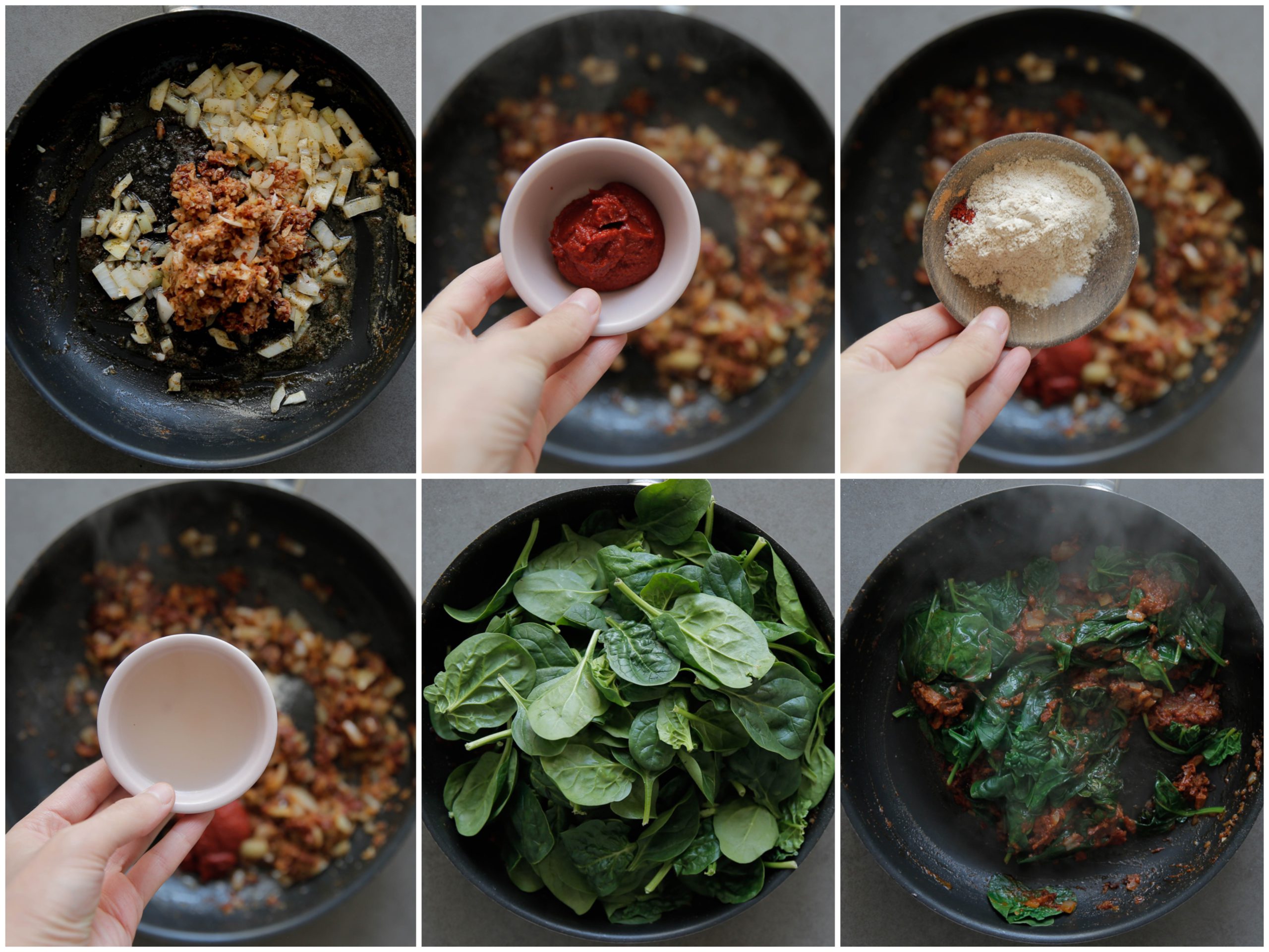 Ui, zongedroogde tomaatmengel, tomatenpuree, kruiden, water en de spinazie bakken in een koekenpan