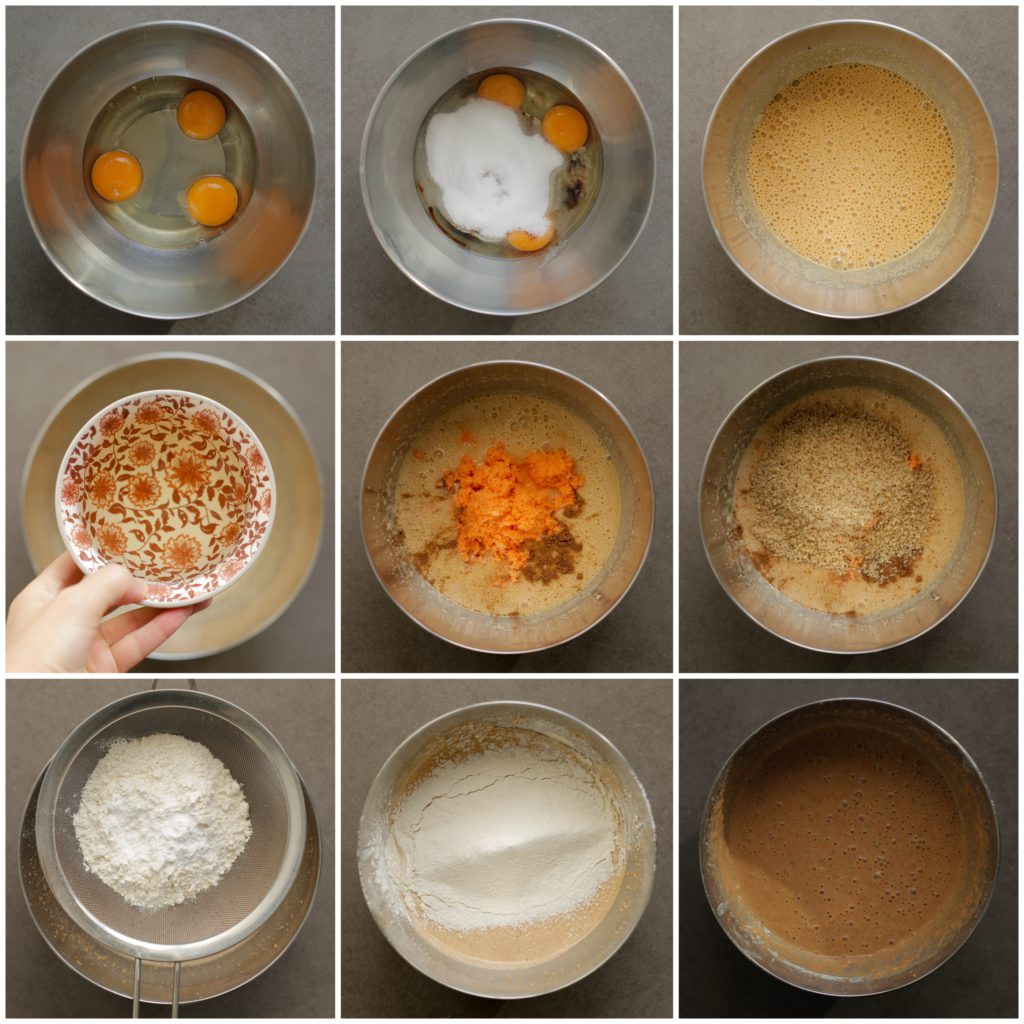 Breek de eieren boven een kom. Voeg de suiker, bruine basterdsuiker, vanillesuiker en het zout toe. Mix 2 minuten. Voeg de zonnebloemolie toe en mix goed. Voeg de kaneel, het wortelmengsel en de fijngemalen walnoten toe. Mix goed. Zeef de bloem en bakpoeder boven de kom. Mix tot een gladde massa.