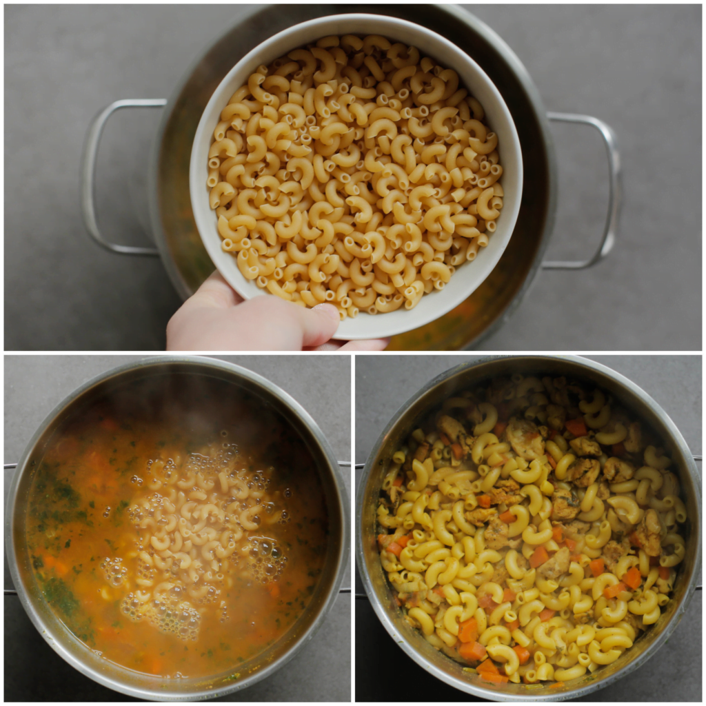 Voeg de macaroni toe. Kook, afgedekt, 12-15 minuten of tot de macaroni gaar is. Haal de pan van het vuur en laat deze een half uur staan zodat de smaken goed in zullen trekken.