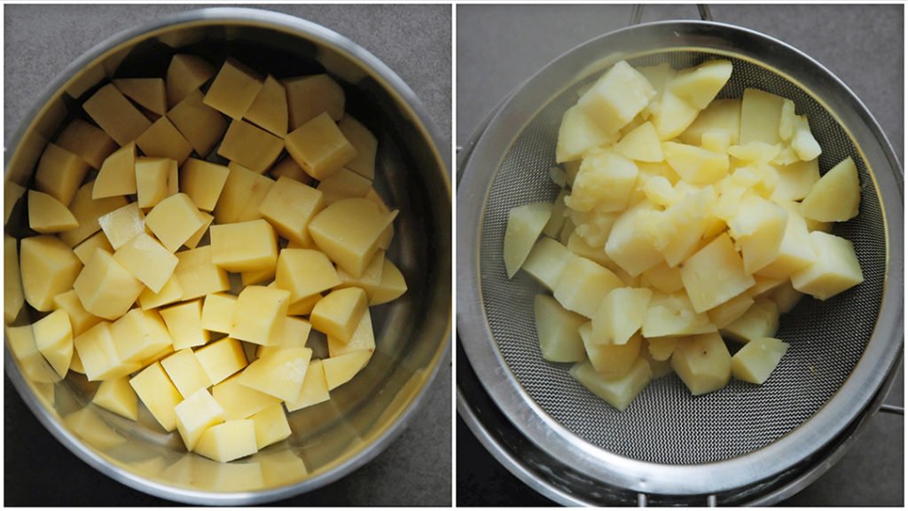 Breng de aardappels in een pan met water en zout aan de kook. Kook in ca. 10-12 minuten gaar. Laat het water uitlekken en de aardappels op temperatuur komen.