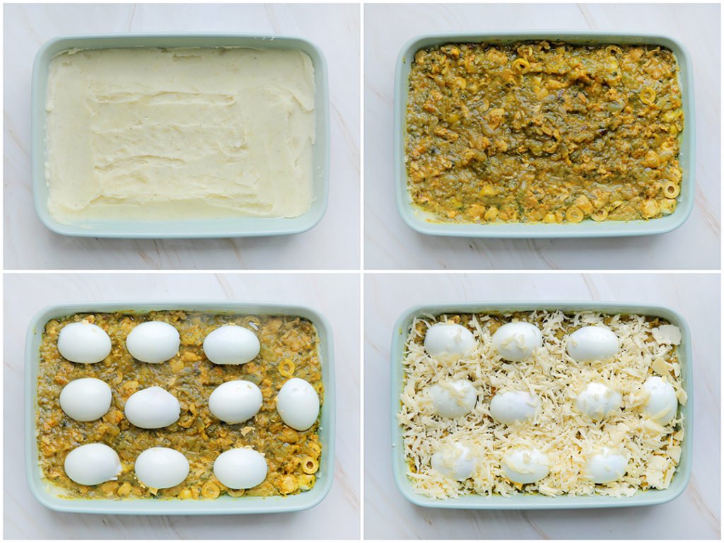 Snijd de eieren in halfjes. Verdeel de aardappelpuree over een ovenschaal. Schep het kipmengsel erover. Leg de halve eieren erbovenop. Strooi wat geraspte kaas (geraspte kaas kun je ook weglaten).