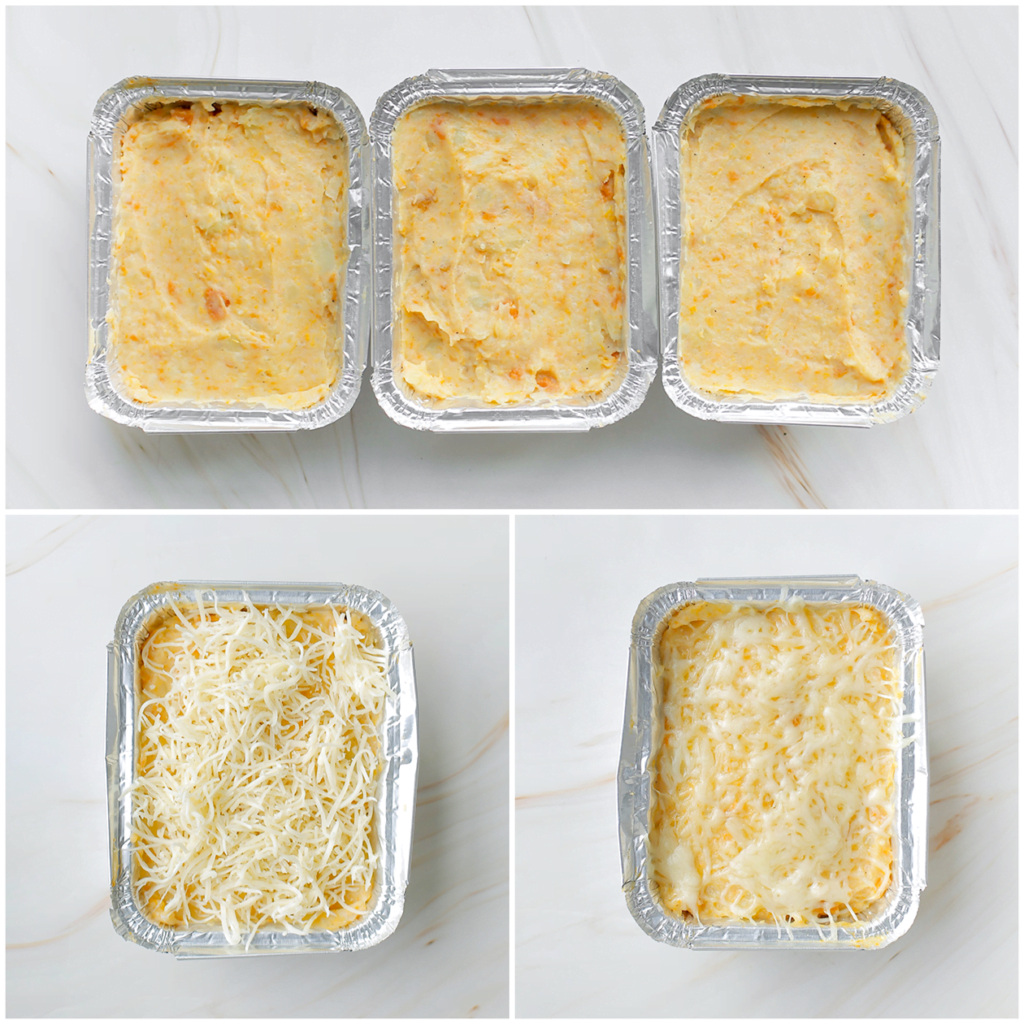 Vul de aluminiumbakjes met de aardappelpuree en strooi er wat kaas op. Doe de bakjes in een voorverwarmde oven op 220 graden. Bak 10-12 minuten of tot de kaas is gesmolten.