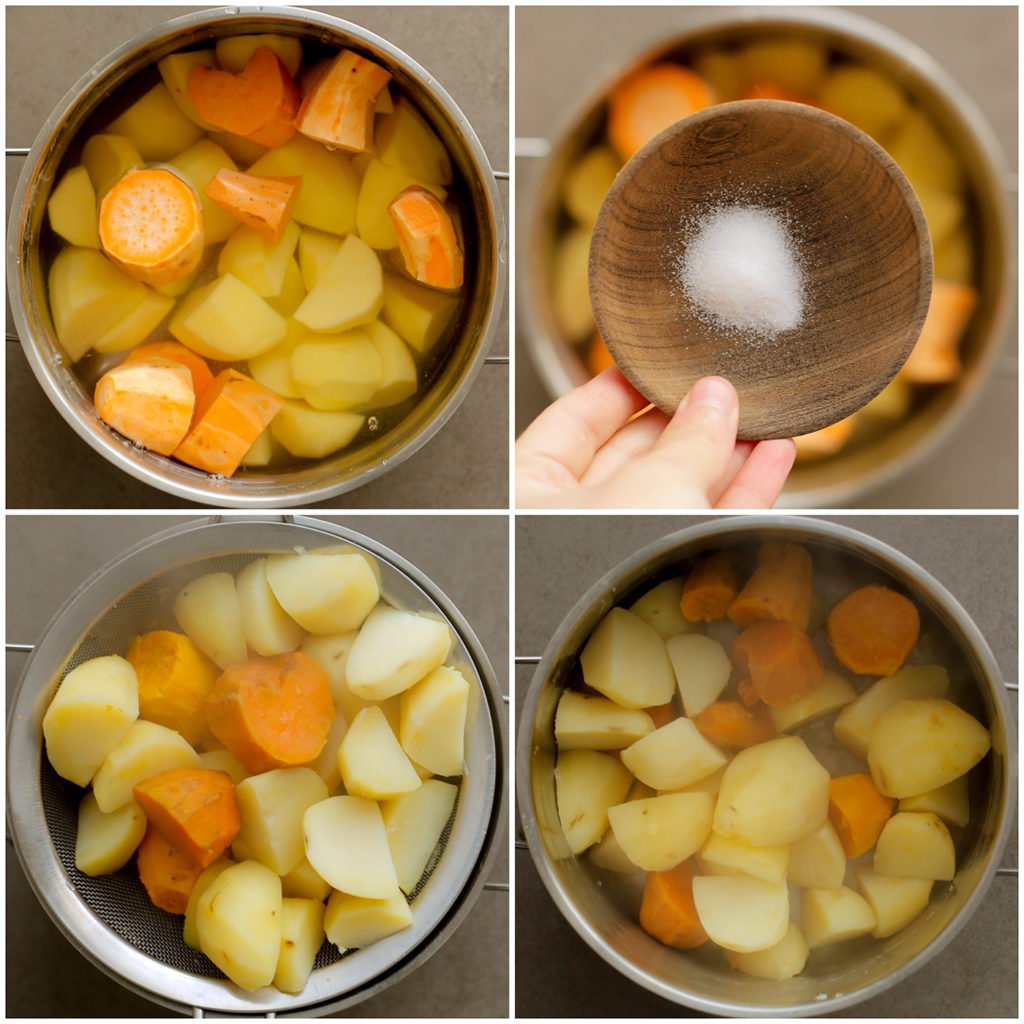 Breng de aardappel- en zoete aardappelblokjes in ruim water met wat zout aan de kook. Kook 15-20 minuten of tot de aardappels gaar zijn. Laat het water uitlekken.
