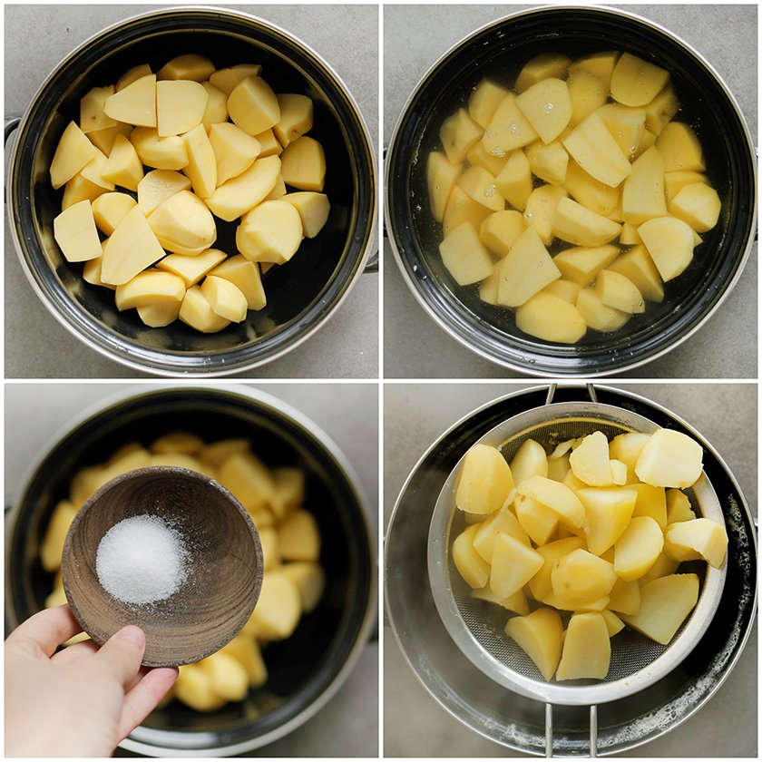 Breng de aardappelblokjes in ruim water met wat zout aan de kook. Kook 15-20 minuten of tot de aardappels gaar zijn. Laat het water uitlekken.