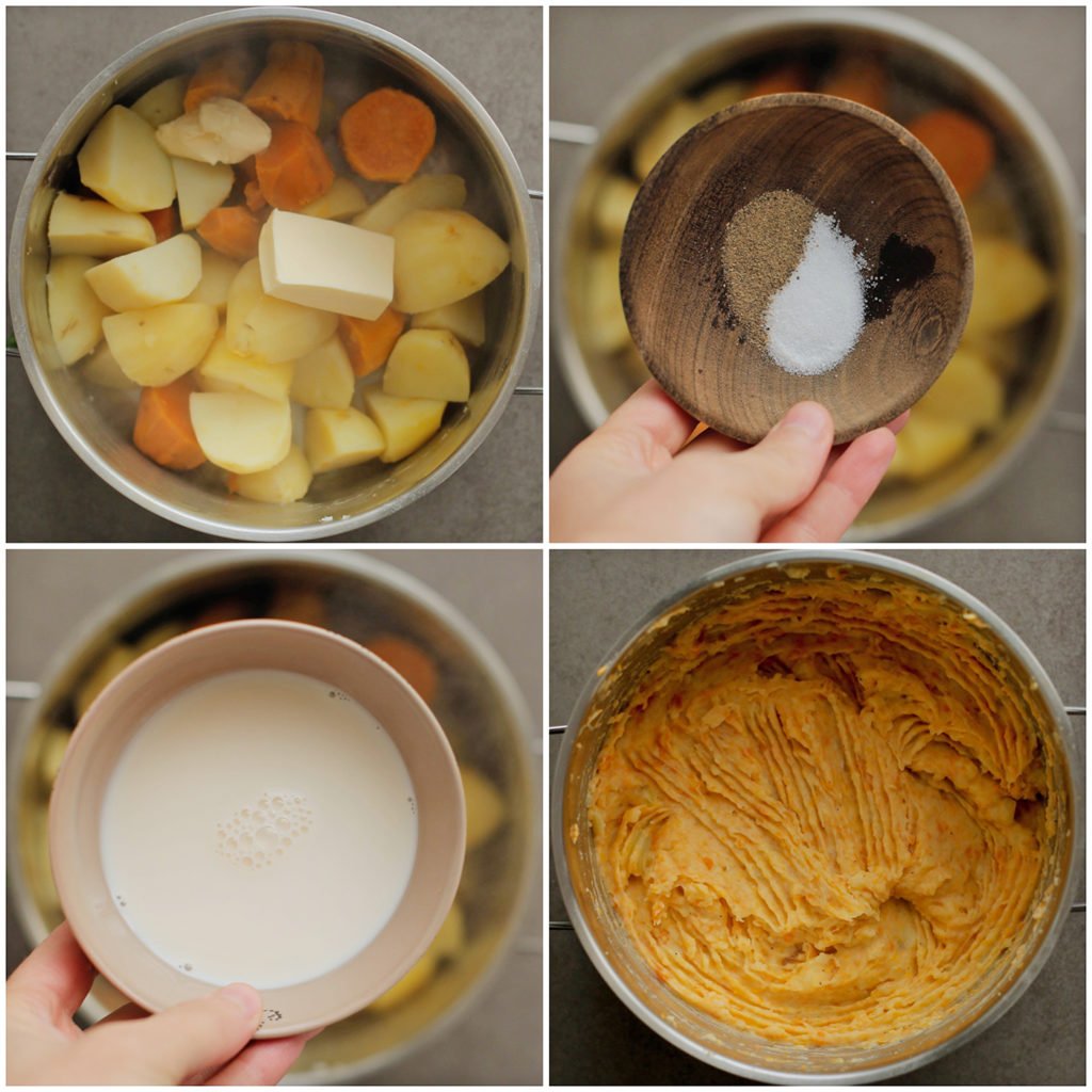 Doe de gekookte aardappels terug in de pan. Voeg de roomboter, melk, het zout en de zwarte peper toe. Stamp/prak de aardappels fijn.