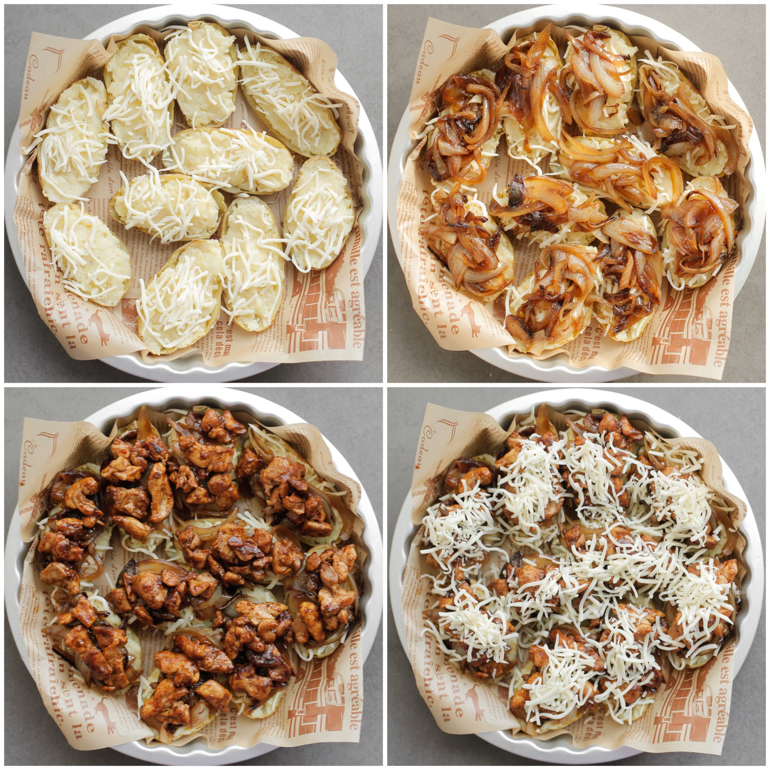 Aardappels vullen met kaas, gekarameliseerde ui, hete kip voordat ze de oven in gaan
