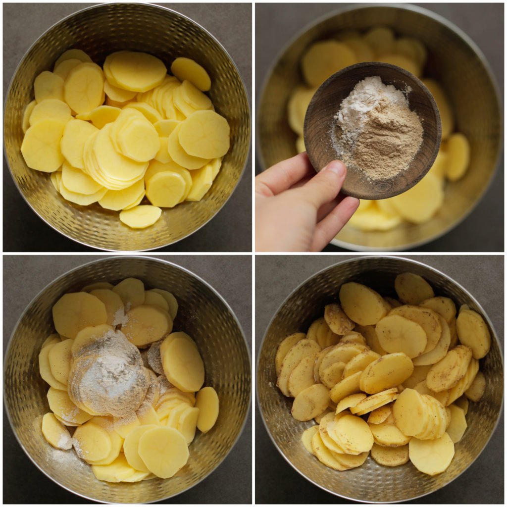 Was en schil de aardappels. Snijd de aardappels in schijfjes en doe deze in een diepe kom. Voeg het zout en de peper toe. Meng goed.