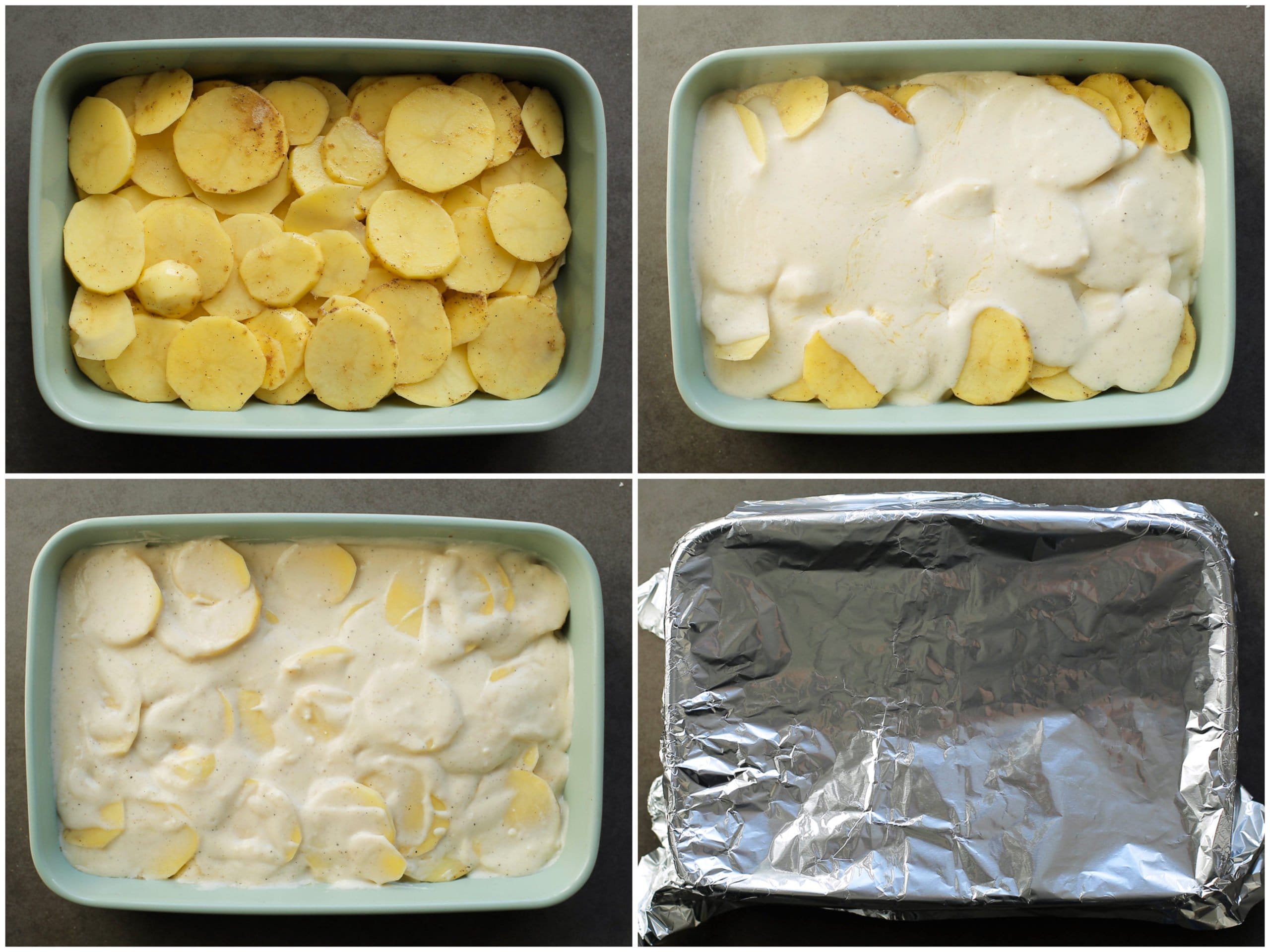 Aardappelschijfjes met bechamelsaus bedekken met bakpapier en aluminiumfolie