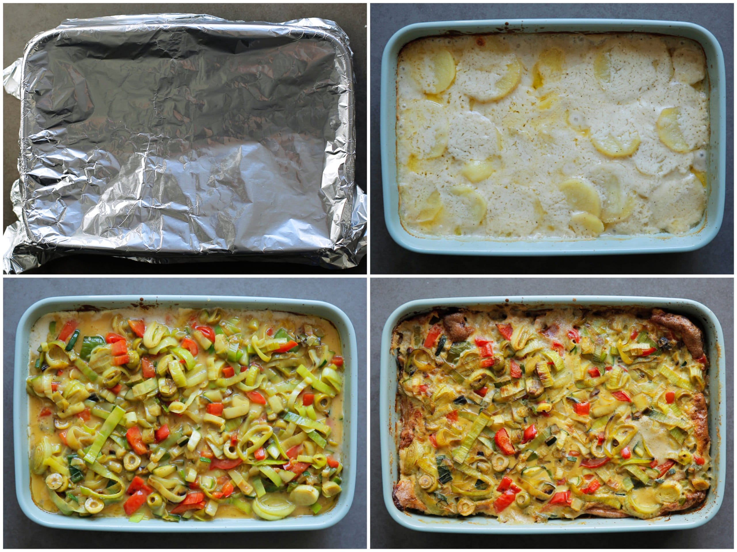 Aardappelschijfjes met bechamelsaus uit de oven vullen met het groentemengsel en verder bakken