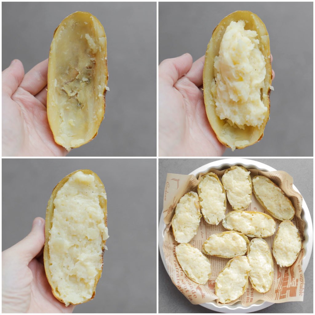 Vul de aardappelschil met het aardappelmengsel. Neem een ovenschaal/bakplaat/bakvorm en bedek deze met een vel bakpapier. Leg de aardappels erop.