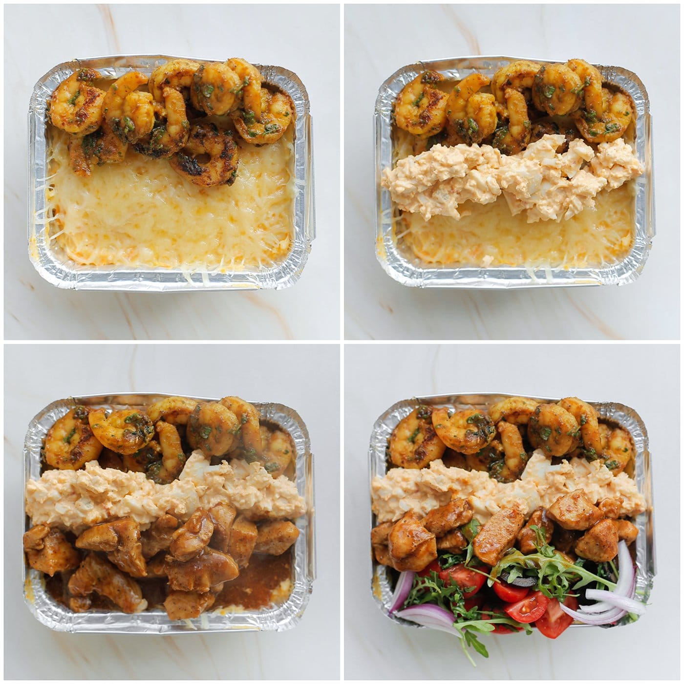 Aardappelschotels vullen met garnalen, eimengsel, kip en groenten