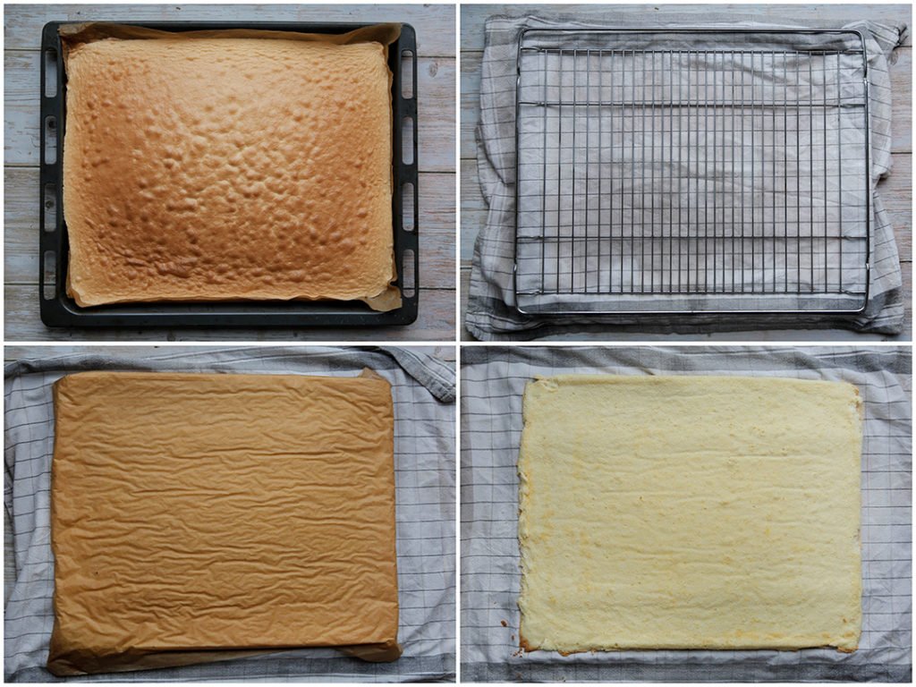 Haal de cake uit de oven en leg er een vochtige theedoek op. Leg er een raster op en kiep de bakplaat om. Verwijder het bakpapier.