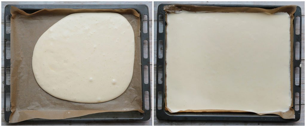 Vet de bakpapier beklede bakplaat goed in en voeg het cakebeslag toe. Verdeel het beslag gelijkmatig uit.