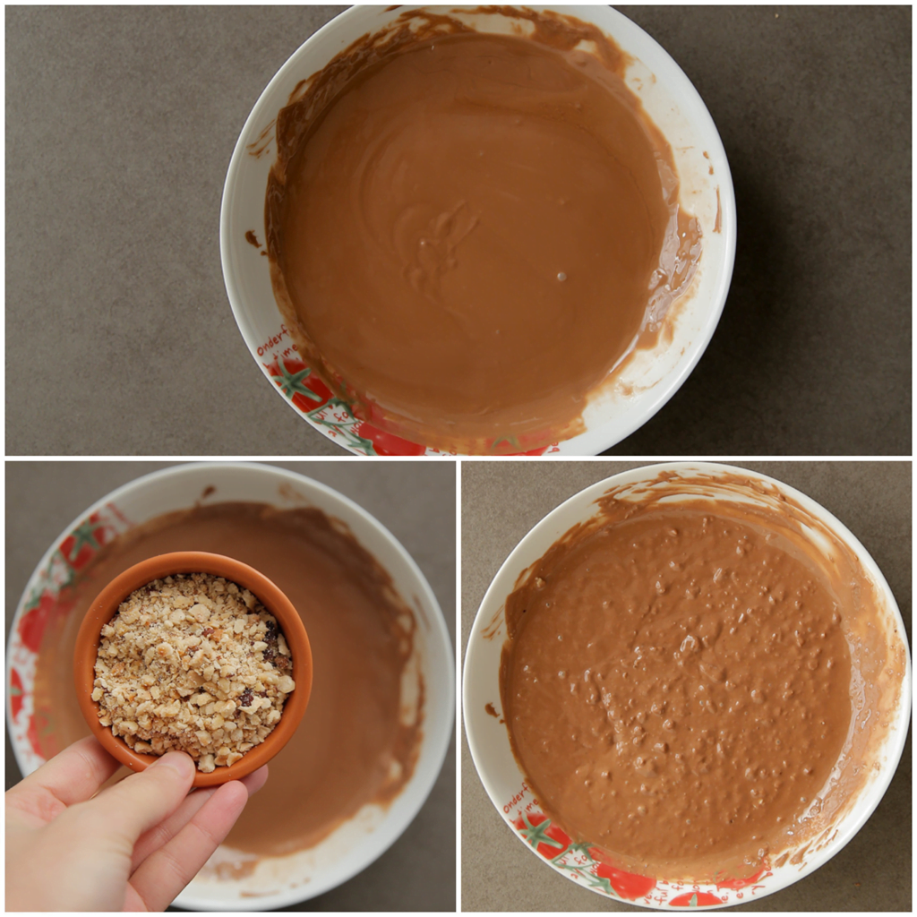 Voeg de gehakte pinda’s toe aan de gesmolten melkchocolade. Meng goed.