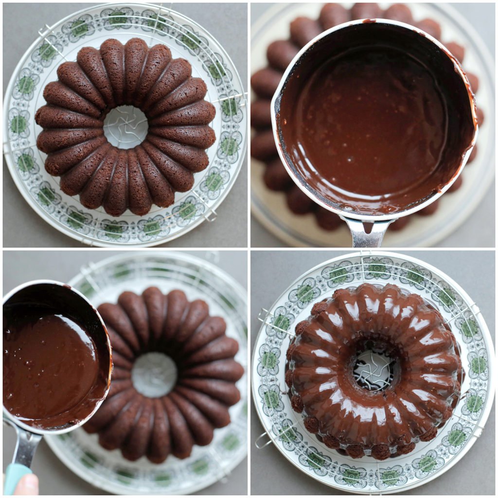 Giet de ganache over de chocoladecake en leg afgedekt 2 uur in de koelkast zodat de ganache goed stevig wordt.