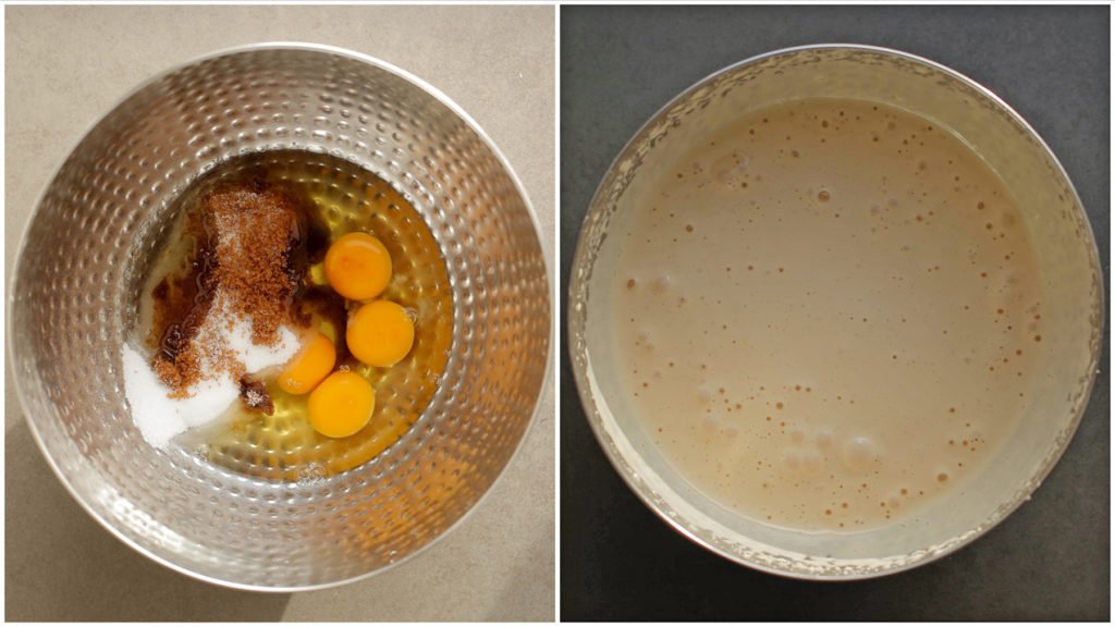 Breek de eieren boven een kom. Voeg de donkerbruine basterdsuiker, suiker, vanillesuiker en het zout toe. Klop in ca. 7-10 minuten, op de hoogste stand, tot een luchtige massa.