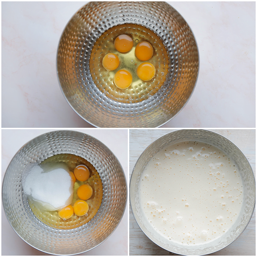 Breek de eieren boven een kom. Voeg de witte basterdsuiker, vanillesuiker en het zout toe. Klop in ca. 7-10 minuten op de hoogste stand tot een luchtige massa.