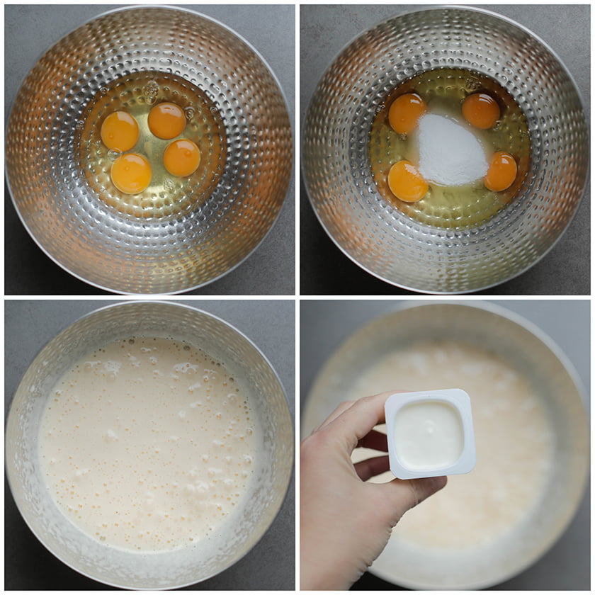 Breek de eieren boven een kom. Voeg de suiker en het zout toe. Klop in ca. 7-10 minuten op de hoogste stand tot een luchtige massa. Voeg het banaan danoontje toe en mix een halve minuut. Leg de mixer weg. Vanaf nu gebruik je een spatel.
