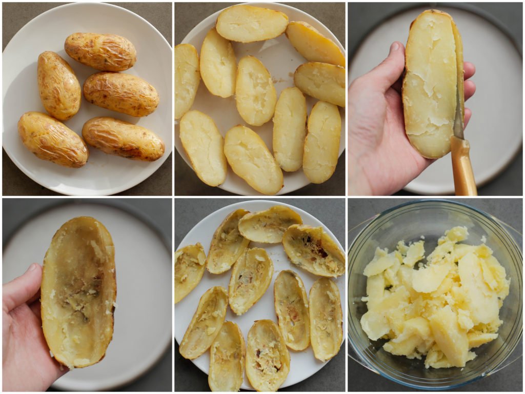 Snijd de aardappels in de lengte doormidden. Schep voorzichtig met de achterkant van een mes of lepel de aardappelvulling eruit en doe deze in een kom, de aardappelschil laat je heel. Herhaal de werkwijze met de overige aardappels.