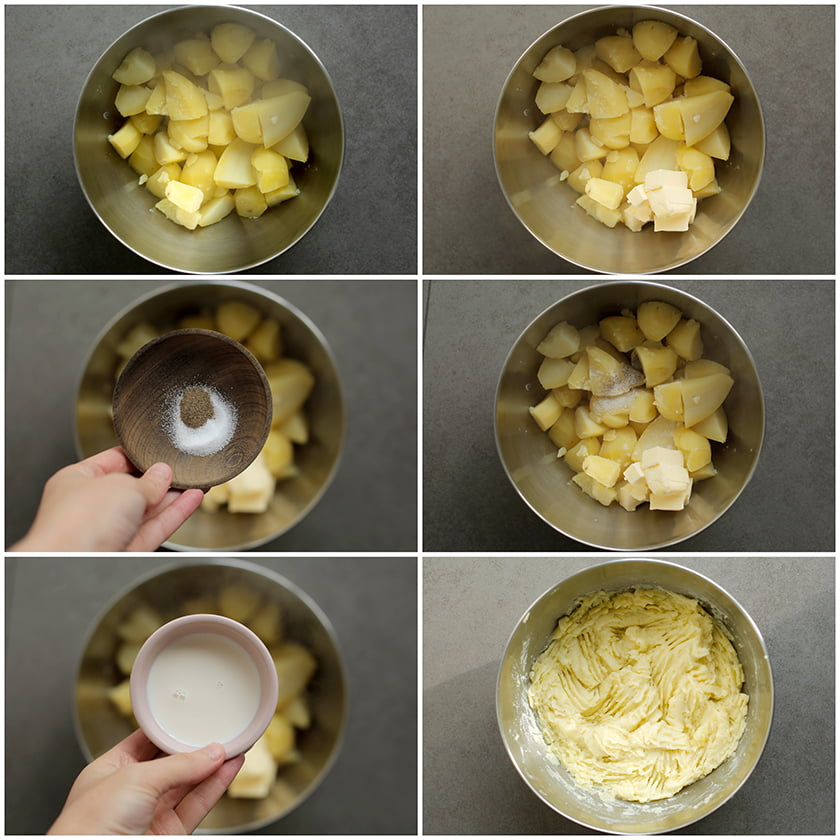 Doe de gekookte aardappels in een diepe kom. Voeg de roomboter, melk, het zout en de zwarte peper toe. Stamp/prak de aardappels fijn.