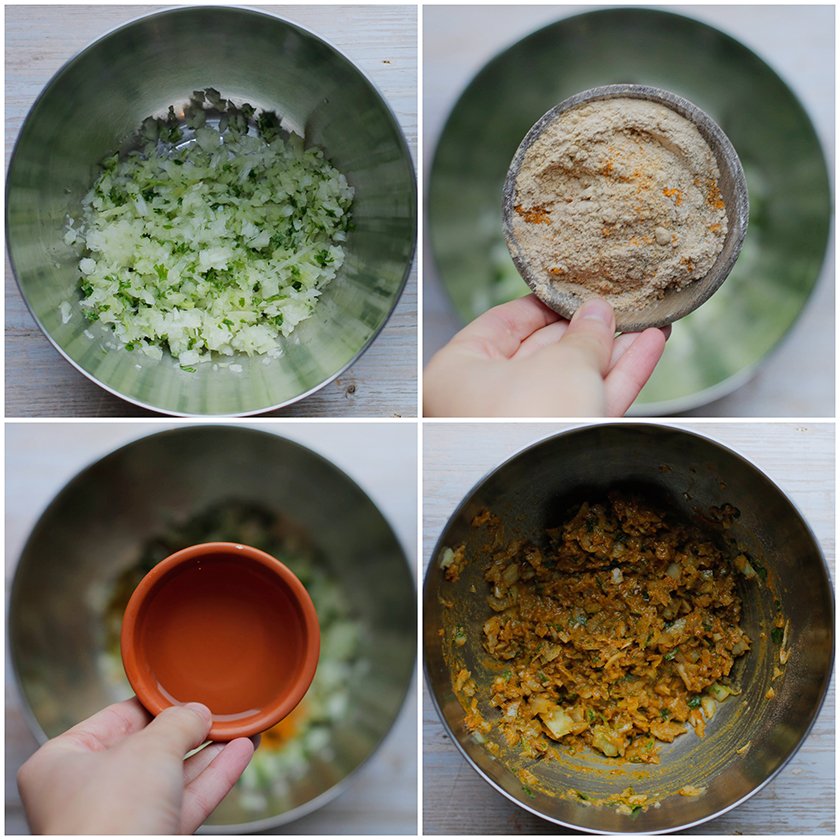 Doe het groentemengsel in diepe kom. Voeg de kurkuma, gemberpoeder, knoflookpoeder, uienpoeder, zwarte peper, zout, saffraandraadjes, het water en de olijfolie (25 ml) toe. Meng goed.
