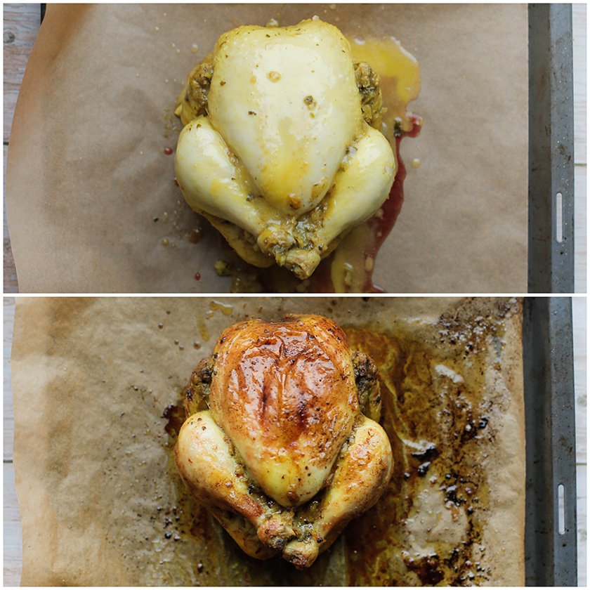 Leg de gekookte kip in een voorverwarmde oven op 220 ℃. Bak de kip in ca. 10-12 minuten mooi goudbruin.