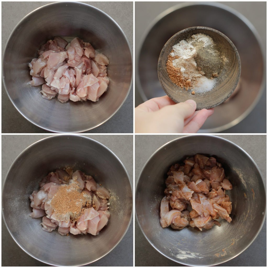 Snijd de kipfilet klein en doe deze in een diepe kom. Voeg het zout, de ras el kouzina, uienpoeder, knoflookpoeder en zwarte peper toe. Meng goed.