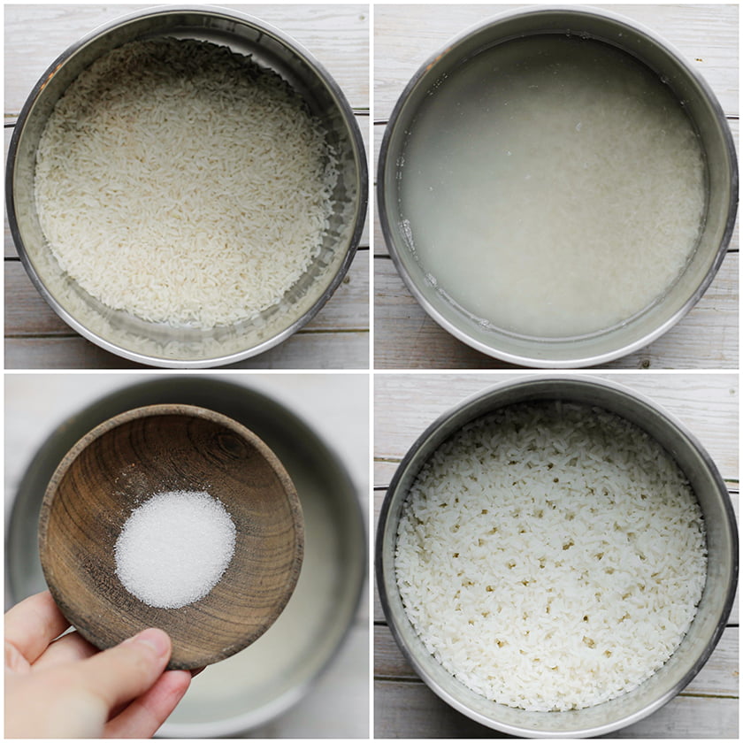 Was de rijst. Doe de rijst in een pan met dikke bodem en voeg het water en zout toe. Kook de pan, afgedekt, op hoog vuur. Zodra het water begint te schuimen, zet je het vuur laag. Kook, afgedekt, 15 minuten. Haal de pan van het vuur en laat, afgedekt, even rusten.