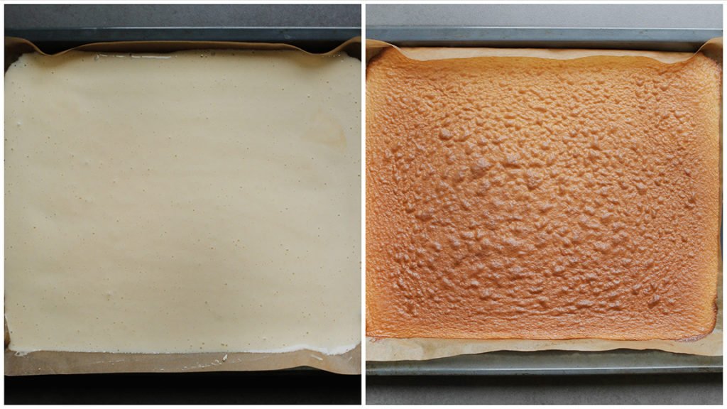 Neem een bakplaat en leg er een vel bakpapier op. Vet de bakplaat goed in en voeg het cakebeslag toe. Smeer het gelijkmatig uit. Leg de cake in een voorverwarmde oven op 200℃. Bak de cake in ca. 7-10 minuten gaar.
