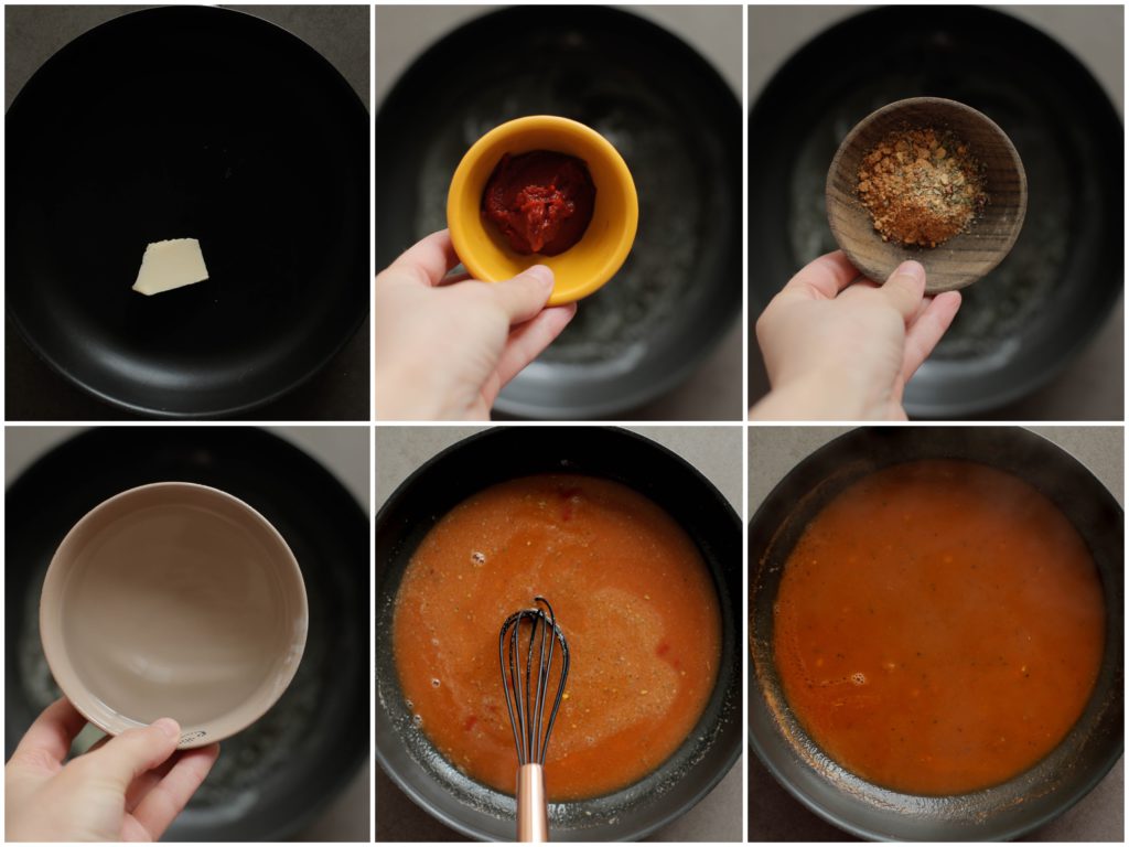 Verhit de roomboter in een koekenpan op middelhoog vuur. Voeg de tomatenpuree, ras el kouzina, Italiaanse kruiden, het zout en water toe. Meng goed. Kook 3-4 minuten.