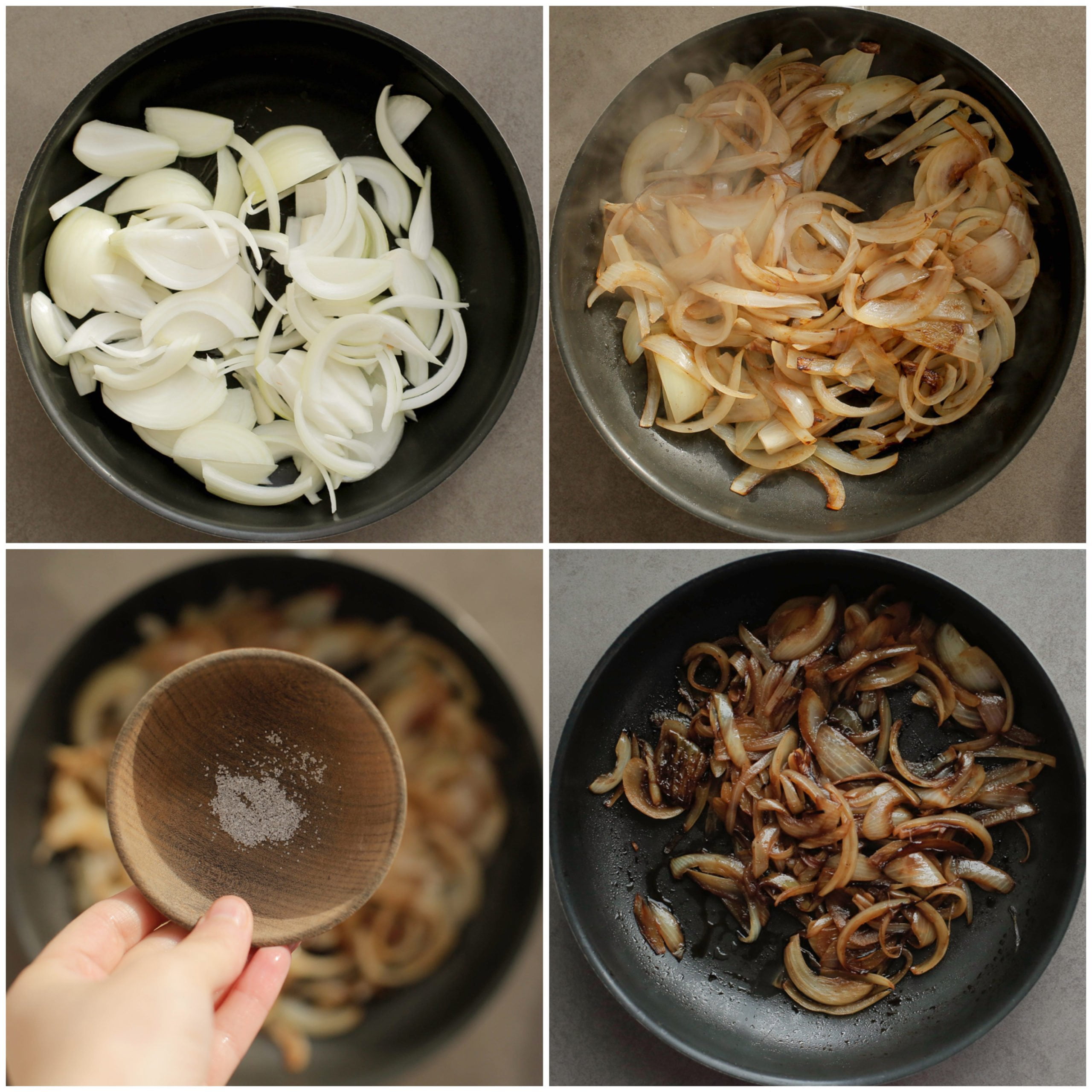 Gele ui bakken in een koekenpan totdat ze karameliseren