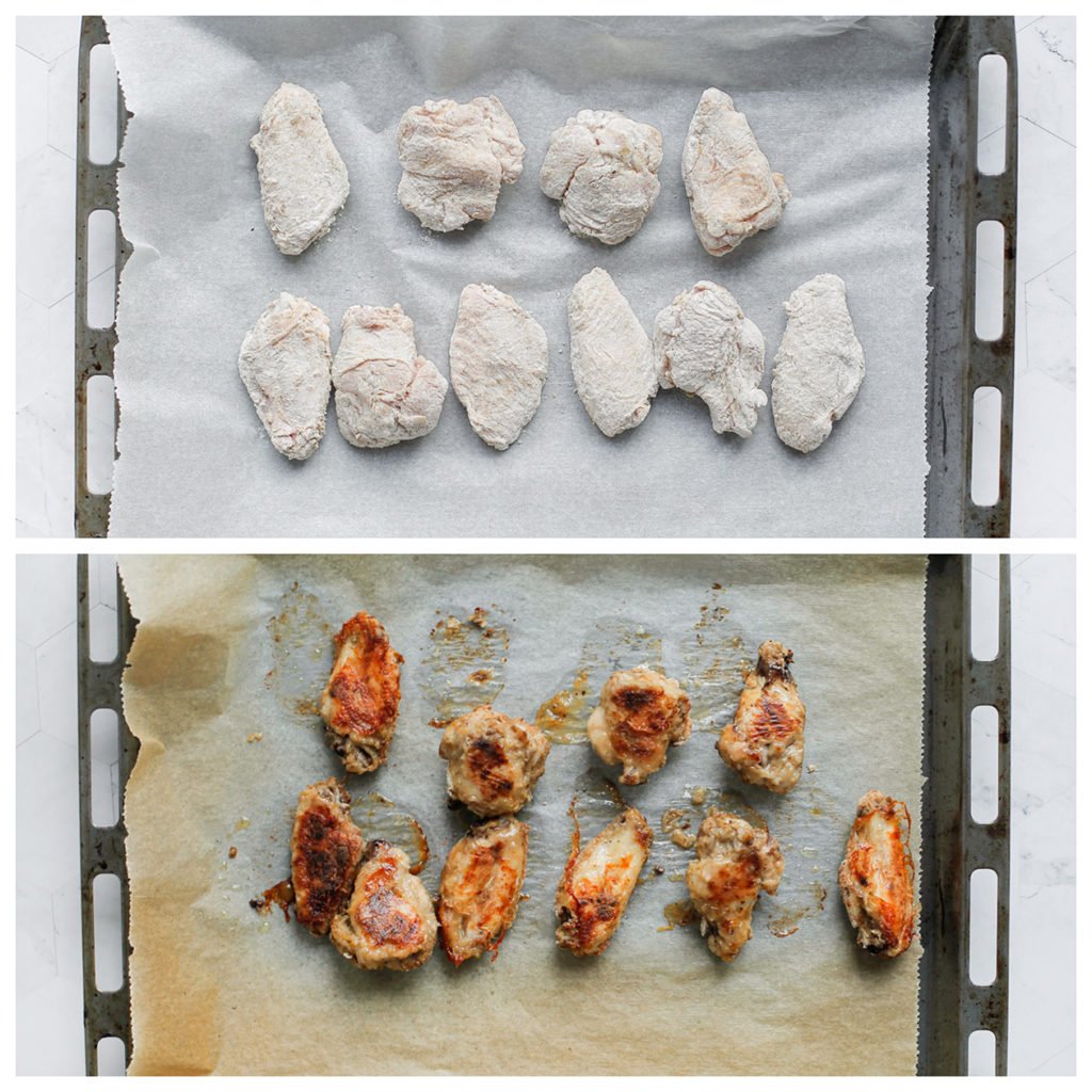 Verdeel de kippenvleugels over een bakplaat met bakpapier. Leg de kip in een voorverwarmde oven op 200 graden. Bak 20 minuten.