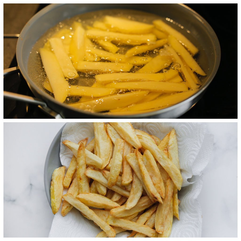 Verhit een laagje zonnebloemolie op middelhoog vuur (175-180 ℃). Bak de friet mooi goudbruin. Schep de friet uit de pan en laat deze uitlekken op keukenpapier. Leg apart.