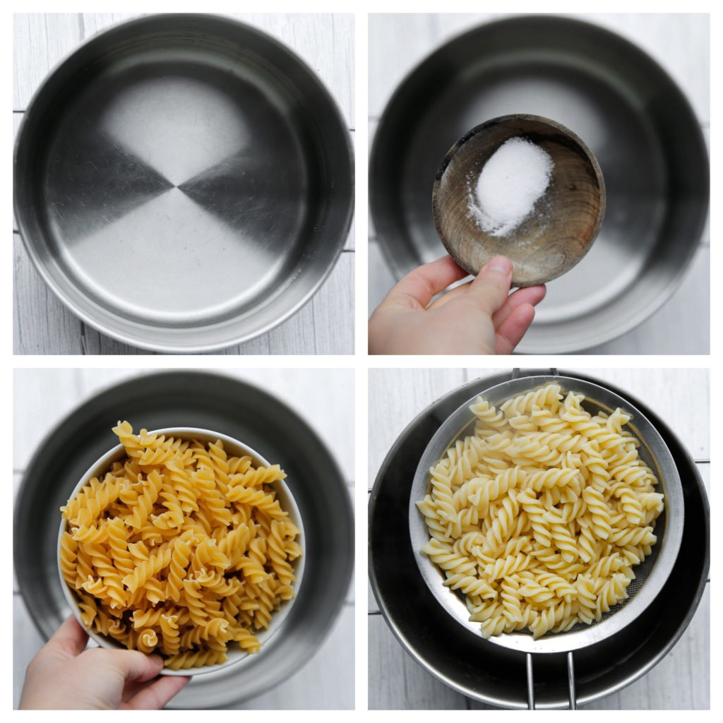 Breng ruim water aan de kook. Voeg het zout toe en eventueel een scheutje olie. Voeg de fusilli toe. Na een paar minuten roer je ze los van elkaar. Kook de pasta in ca. 8-14 minuten gaar of wanneer jij vindt dat de pasta gaar genoeg is. Laat het water uitlekken.