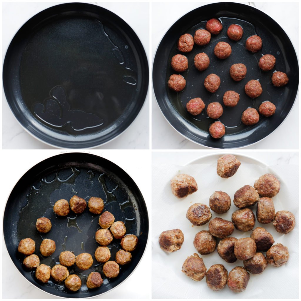 Maak er bollen van (20 gr per stuk). Verhit de olijfolie in een koekenpan en verdeel de gehaktballen erop. Bak de gehaktballen rondom in een paar minuten goudbruin. Leg apart.