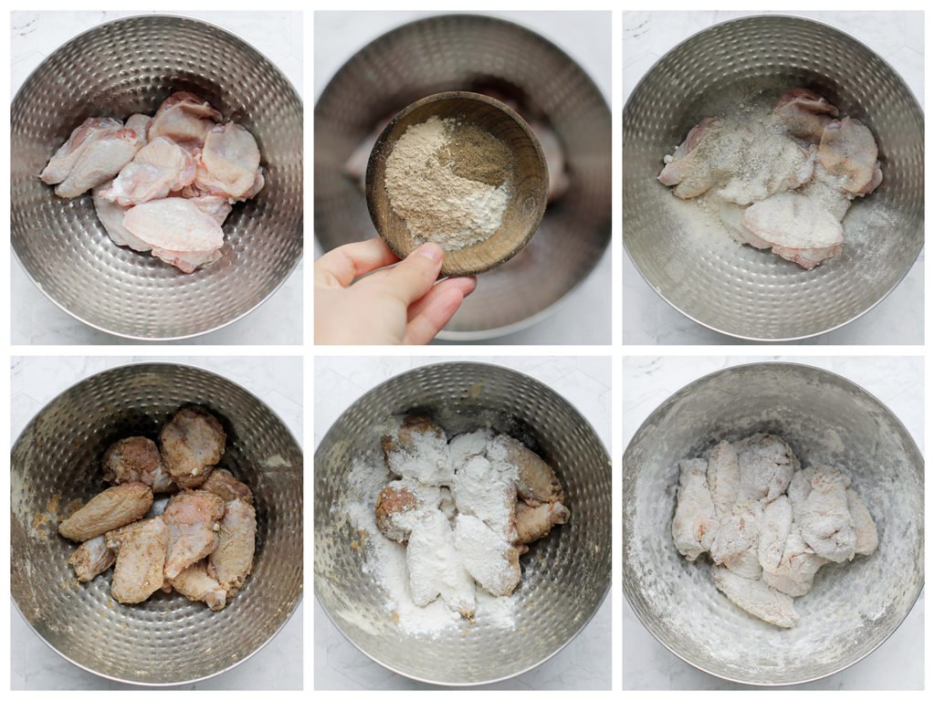 Maak de kippenvleugels schoon met citroen of azijn en haal de overige haartjes weg. Doe deze in een kom. Voeg het zout, de knoflookpoeder en zwarte peper toe. Meng tot een geheel. Voeg de bloem toe en meng goed.