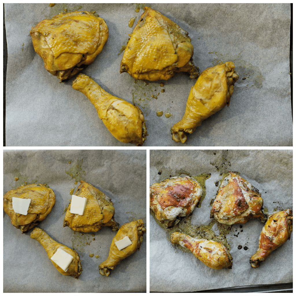 Schep voorzichtig de kip uit de pan en leg deze op een bakplaat met bakpapier. Smeer de kip in met roomboter. Leg de kip in de oven op 220 ℃. Bak 10-12 minuten of tot de kip mooi goudbruin is.